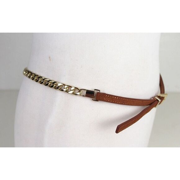 SKINNY BROWN LEATHER SILVER CHAIN 3/8"Wd DRESS WOMEN'S BELT Sz L-XL (B7 - Picture 4 of 10